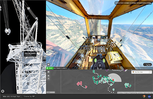 View from inside of Coca test stand crane cabin showing 3D rendering of test stand and map of locations on the virtual tour